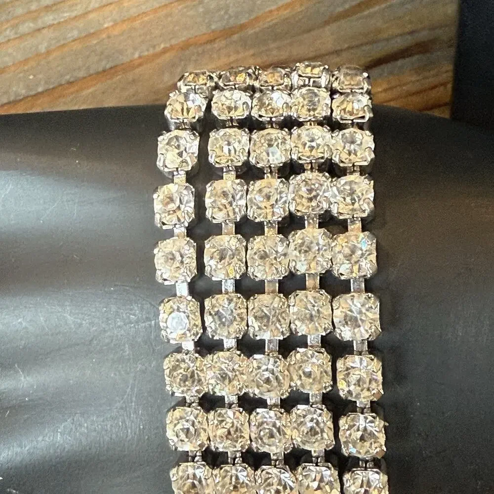 Vintage 5 Strand Clear Rhinestone 1” Wide 7” Bracelet Rhodium Plated